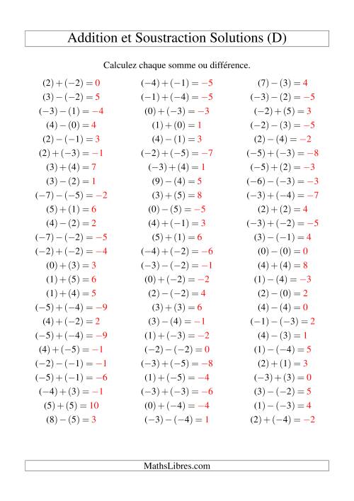 Addition et soustraction de nombres entiers avec parenthèses autour de chaque entier (-5 à 5) (75 par page) (D) page 2