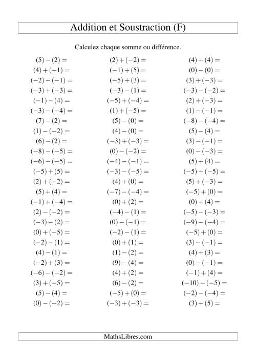 Addition et soustraction de nombres entiers avec parenthèses autour de chaque entier (-5 à 5) (75 par page) (F)