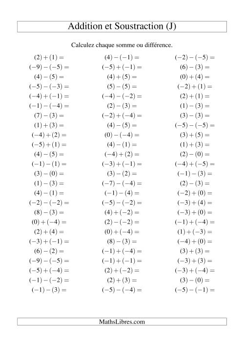 Addition et soustraction de nombres entiers avec parenthèses autour de chaque entier (-5 à 5) (75 par page) (J)