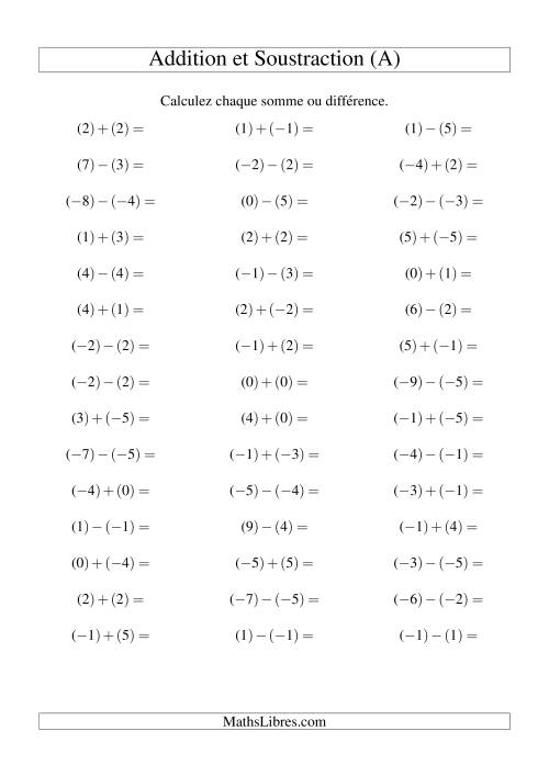 Addition et soustraction de nombres entiers avec parenthèses autour de chaque entier (-5 à 5) (45 par page) (A)
