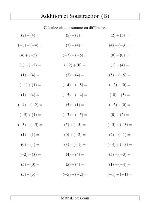 Addition et soustraction de nombres entiers avec parenthèses autour de chaque entier (-5 à 5) (45 par page) (B)
