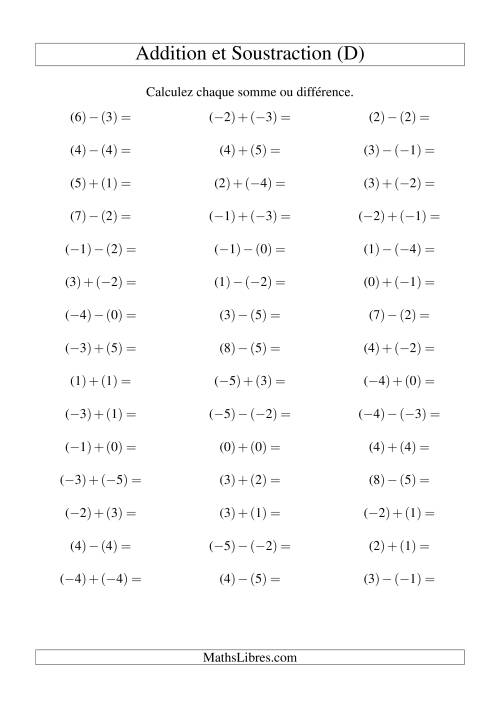 Addition et soustraction de nombres entiers avec parenthèses autour de chaque entier (-5 à 5) (45 par page) (D)