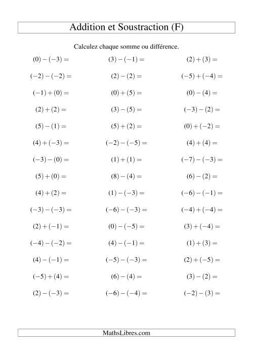 Addition et soustraction de nombres entiers avec parenthèses autour de chaque entier (-5 à 5) (45 par page) (F)