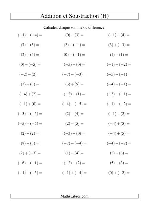 Addition et soustraction de nombres entiers avec parenthèses autour de chaque entier (-5 à 5) (45 par page) (H)