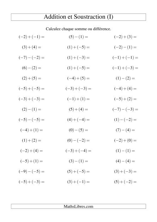 Addition et soustraction de nombres entiers avec parenthèses autour de chaque entier (-5 à 5) (45 par page) (I)