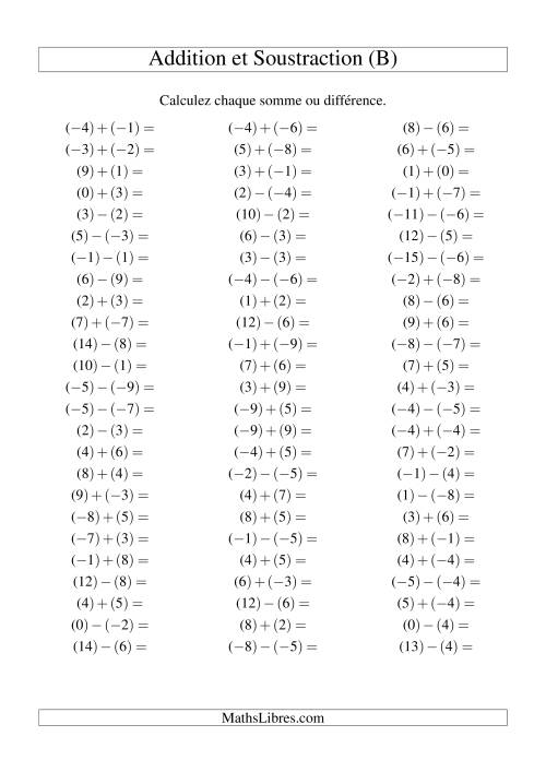 Addition et soustraction de nombres entiers avec parenthèses autour de chaque entier (-9 à 9) (75 par page) (B)