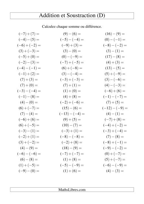 Addition et soustraction de nombres entiers avec parenthèses autour de chaque entier (-9 à 9) (75 par page) (D)