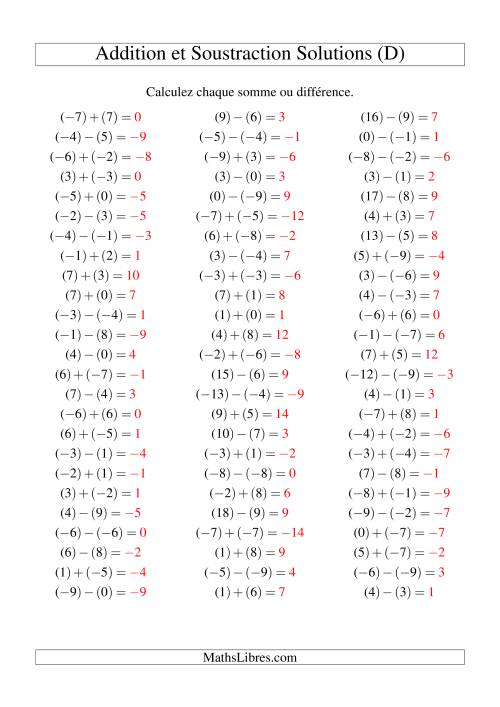 Addition et soustraction de nombres entiers avec parenthèses autour de chaque entier (-9 à 9) (75 par page) (D) page 2