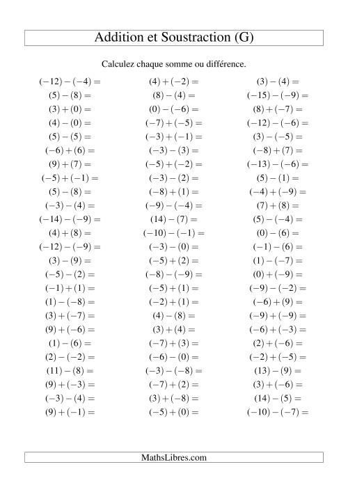Addition et soustraction de nombres entiers avec parenthèses autour de chaque entier (-9 à 9) (75 par page) (G)