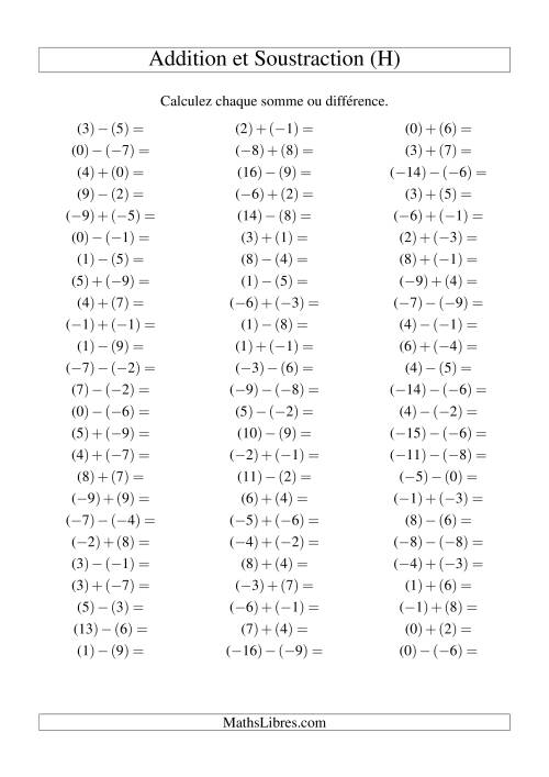 Addition et soustraction de nombres entiers avec parenthèses autour de chaque entier (-9 à 9) (75 par page) (H)