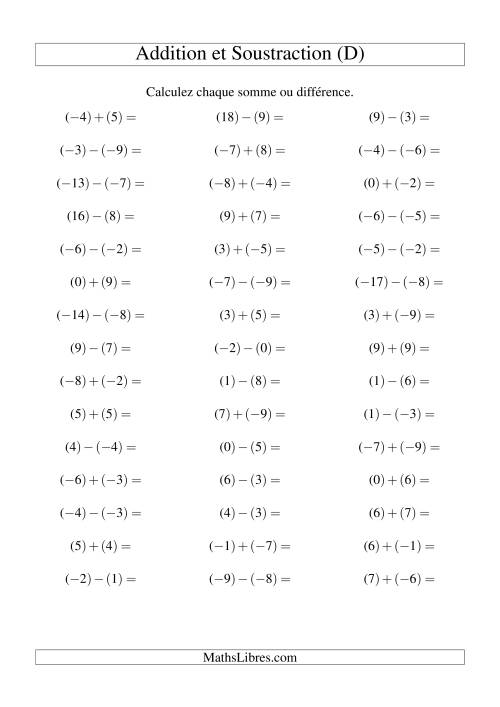 Addition et soustraction de nombres entiers avec parenthèses autour de chaque entier (-9 à 9) (45 par page) (D)