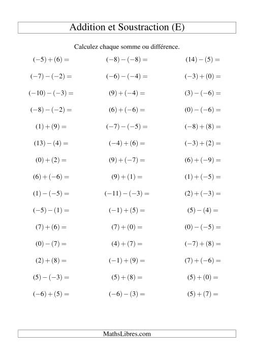 Addition et soustraction de nombres entiers avec parenthèses autour de chaque entier (-9 à 9) (45 par page) (E)
