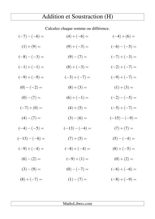 Addition et soustraction de nombres entiers avec parenthèses autour de chaque entier (-9 à 9) (45 par page) (H)