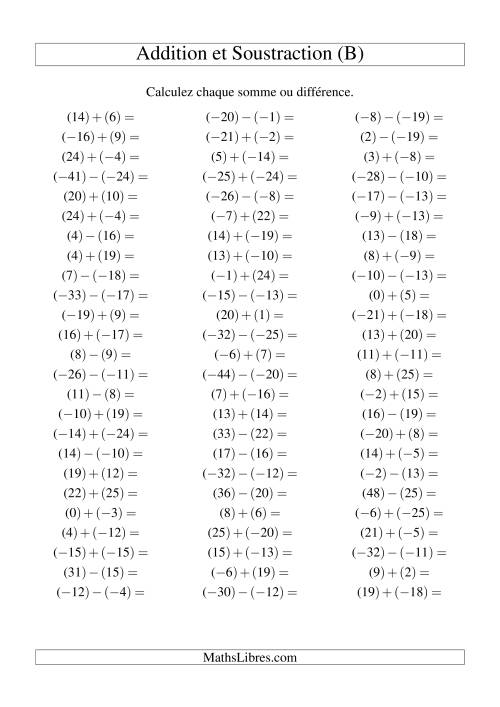Addition et soustraction de nombres entiers avec parenthèses autour de chaque entier (-25 à 25) (75 par page) (B)
