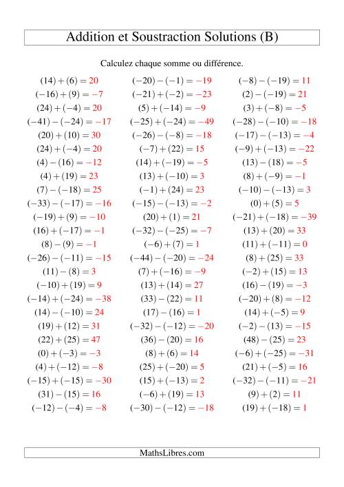 Addition et soustraction de nombres entiers avec parenthèses autour de chaque entier (-25 à 25) (75 par page) (B) page 2