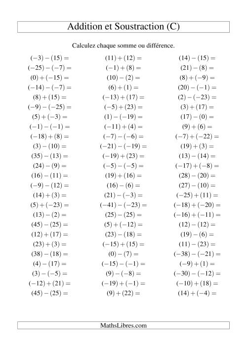 Addition et soustraction de nombres entiers avec parenthèses autour de chaque entier (-25 à 25) (75 par page) (C)