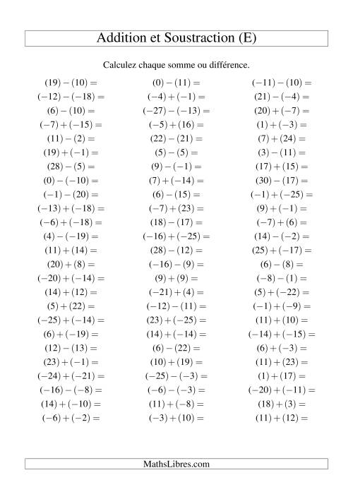 Addition et soustraction de nombres entiers avec parenthèses autour de chaque entier (-25 à 25) (75 par page) (E)