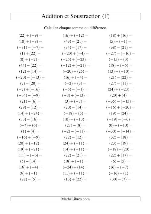 Addition et soustraction de nombres entiers avec parenthèses autour de chaque entier (-25 à 25) (75 par page) (F)