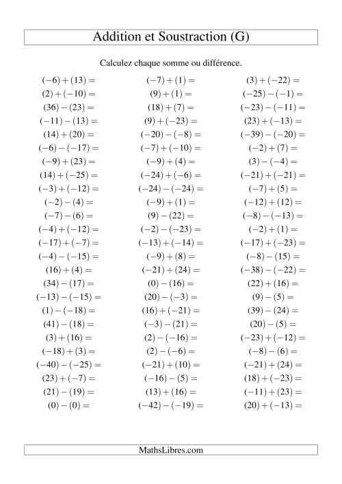 Addition et soustraction de nombres entiers avec parenthèses autour de chaque entier (-25 à 25) (75 par page) (G)