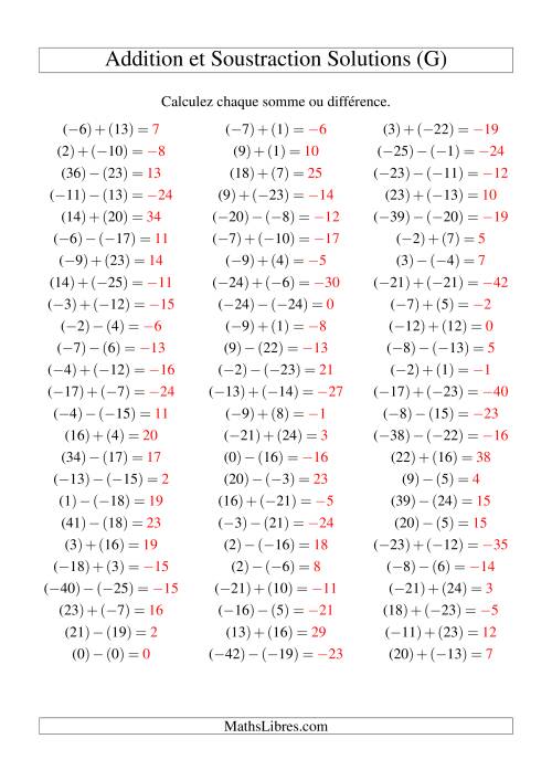 Addition et soustraction de nombres entiers avec parenthèses autour de chaque entier (-25 à 25) (75 par page) (G) page 2