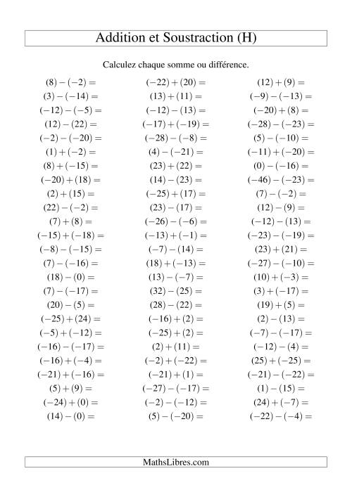 Addition et soustraction de nombres entiers avec parenthèses autour de chaque entier (-25 à 25) (75 par page) (H)