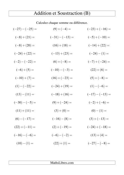 Addition et soustraction de nombres entiers avec parenthèses autour de chaque entier (-25 à 25) (45 par page) (B)