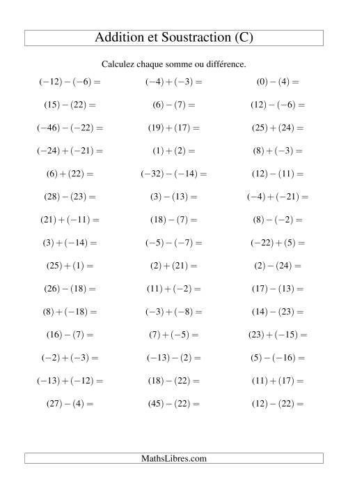 Addition et soustraction de nombres entiers avec parenthèses autour de chaque entier (-25 à 25) (45 par page) (C)
