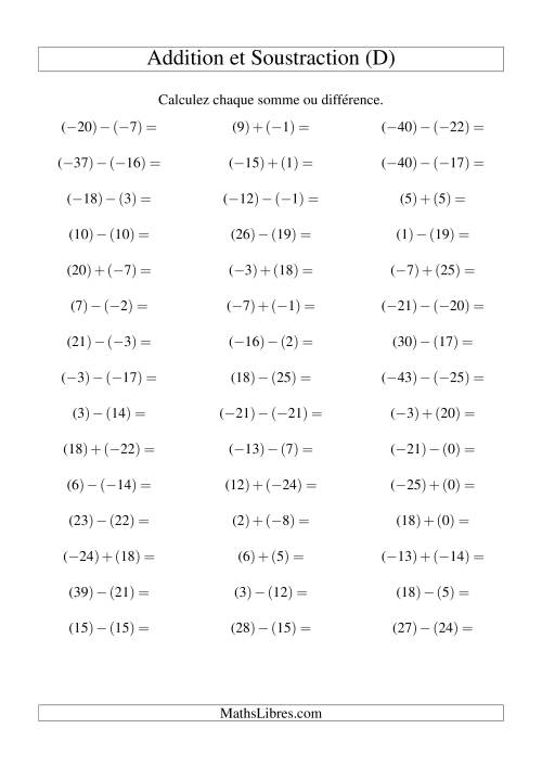 Addition et soustraction de nombres entiers avec parenthèses autour de chaque entier (-25 à 25) (45 par page) (D)