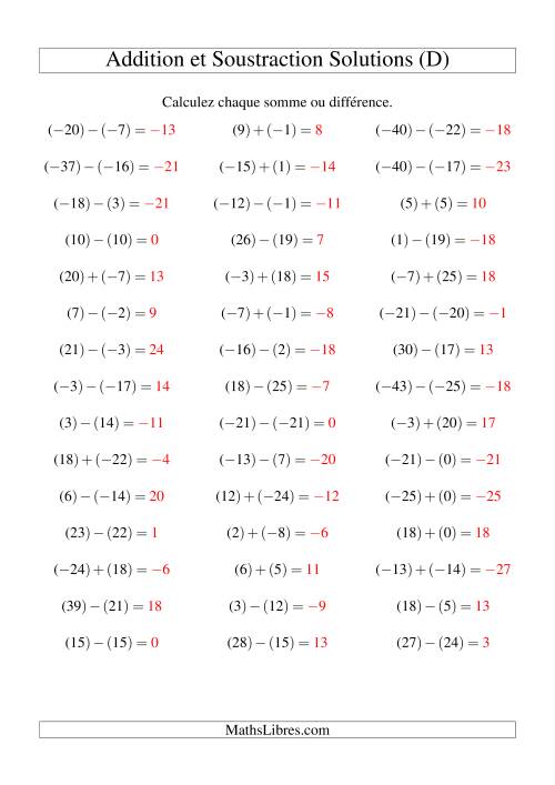 Addition et soustraction de nombres entiers avec parenthèses autour de chaque entier (-25 à 25) (45 par page) (D) page 2