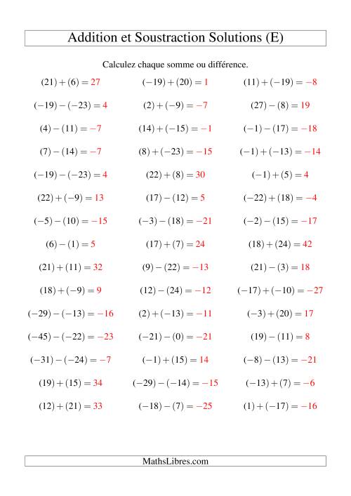 Addition et soustraction de nombres entiers avec parenthèses autour de chaque entier (-25 à 25) (45 par page) (E) page 2