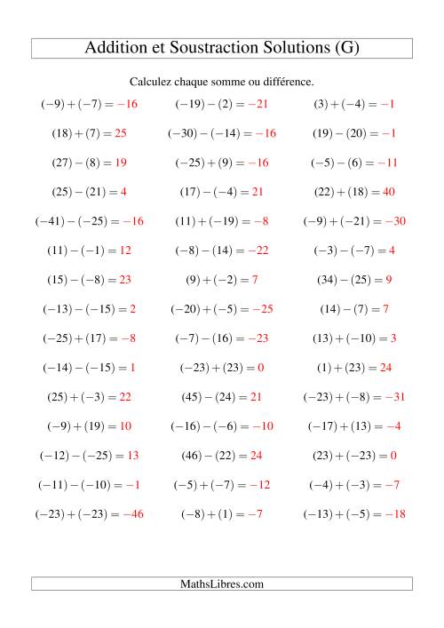 Addition et soustraction de nombres entiers avec parenthèses autour de chaque entier (-25 à 25) (45 par page) (G) page 2