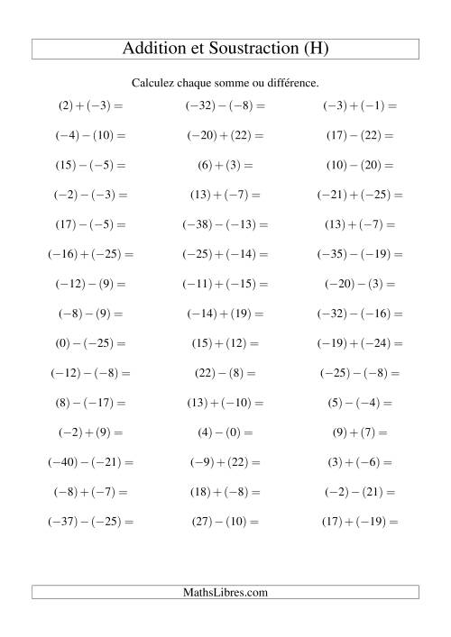 Addition et soustraction de nombres entiers avec parenthèses autour de chaque entier (-25 à 25) (45 par page) (H)