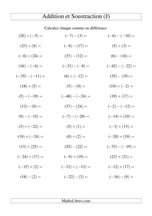 Addition et soustraction de nombres entiers avec parenthèses autour de chaque entier (-25 à 25) (45 par page) (J)