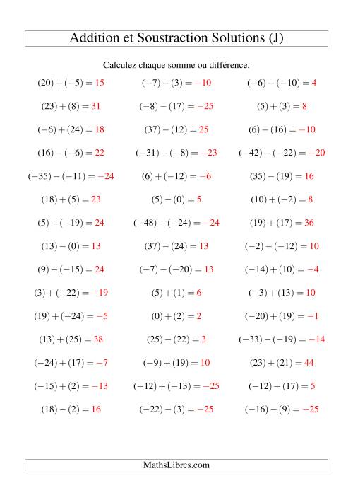 Addition et soustraction de nombres entiers avec parenthèses autour de chaque entier (-25 à 25) (45 par page) (J) page 2