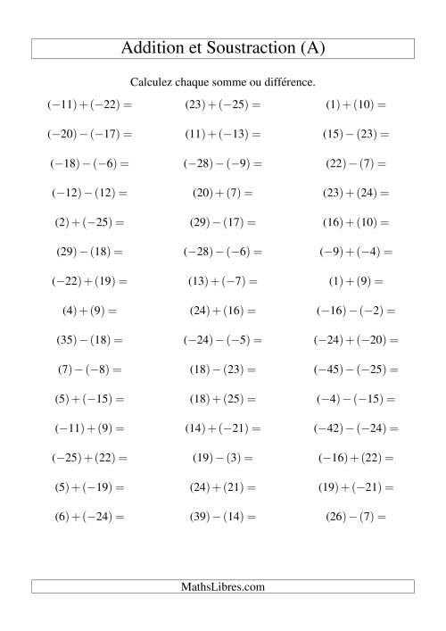 Addition et soustraction de nombres entiers avec parenthèses autour de chaque entier (-25 à 25) (45 par page) (Tout)