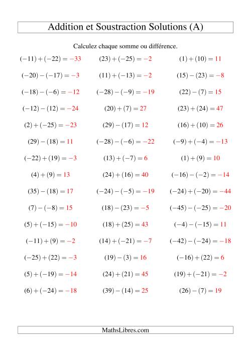 Addition et soustraction de nombres entiers avec parenthèses autour de chaque entier (-25 à 25) (45 par page) (Tout) page 2