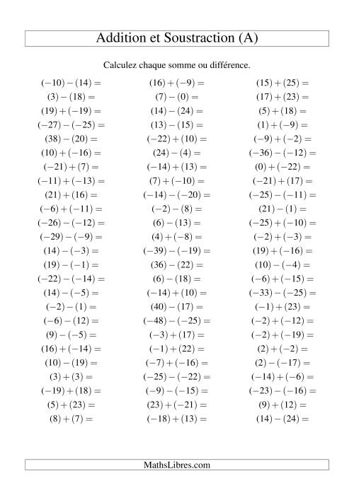 Addition et soustraction de nombres entiers avec parenthèses autour de chaque entier (-25 à 25) (75 par page) (Tout)