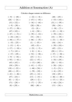 Addition et soustraction de nombres entiers avec parenthèses autour de chaque entier (-50 à 50) (75 par page)