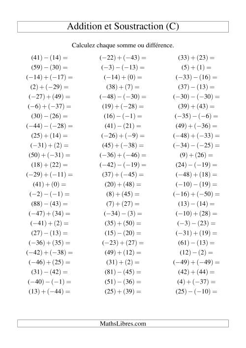Addition et soustraction de nombres entiers avec parenthèses autour de chaque entier (-50 à 50) (75 par page) (C)