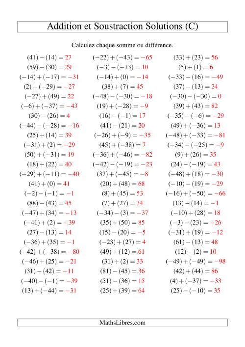 Addition et soustraction de nombres entiers avec parenthèses autour de chaque entier (-50 à 50) (75 par page) (C) page 2