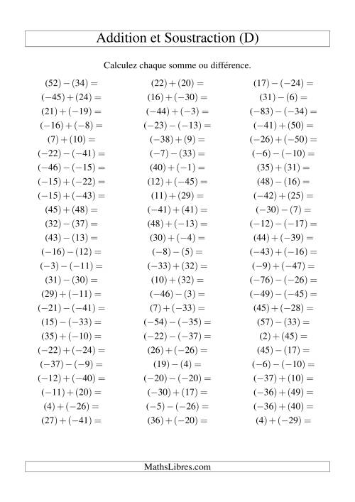 Addition et soustraction de nombres entiers avec parenthèses autour de chaque entier (-50 à 50) (75 par page) (D)