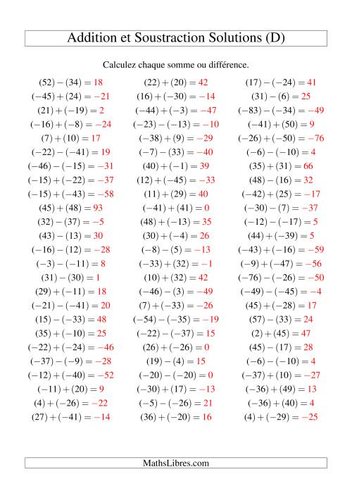 Addition et soustraction de nombres entiers avec parenthèses autour de chaque entier (-50 à 50) (75 par page) (D) page 2