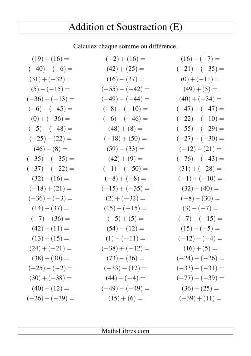 Addition et soustraction de nombres entiers avec parenthèses autour de chaque entier (-50 à 50) (75 par page) (E)