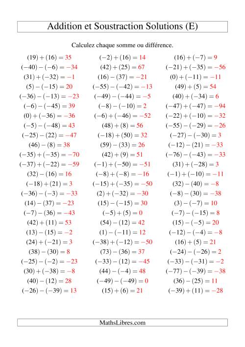 Addition et soustraction de nombres entiers avec parenthèses autour de chaque entier (-50 à 50) (75 par page) (E) page 2