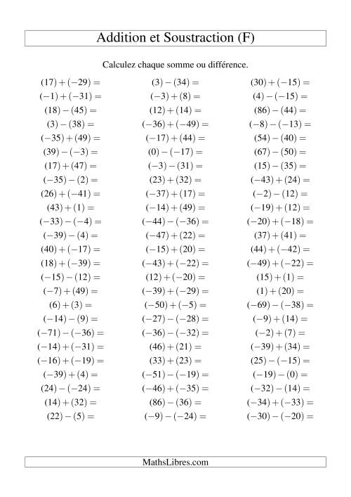 Addition et soustraction de nombres entiers avec parenthèses autour de chaque entier (-50 à 50) (75 par page) (F)