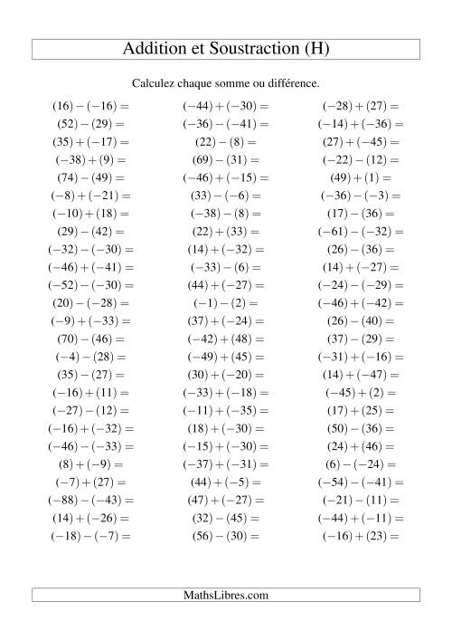 Addition et soustraction de nombres entiers avec parenthèses autour de chaque entier (-50 à 50) (75 par page) (H)