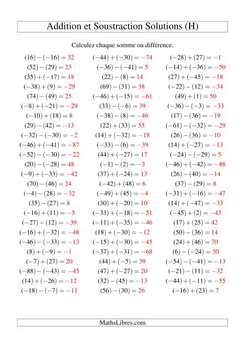 Addition et soustraction de nombres entiers avec parenthèses autour de chaque entier (-50 à 50) (75 par page) (H) page 2
