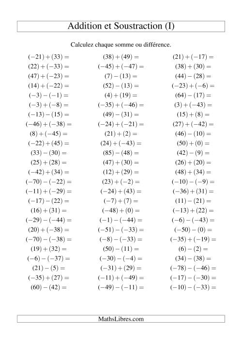 Addition et soustraction de nombres entiers avec parenthèses autour de chaque entier (-50 à 50) (75 par page) (I)