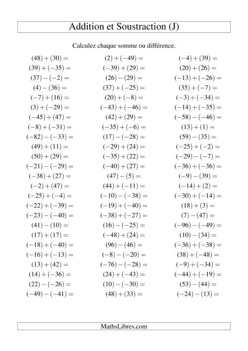 Addition et soustraction de nombres entiers avec parenthèses autour de chaque entier (-50 à 50) (75 par page) (J)