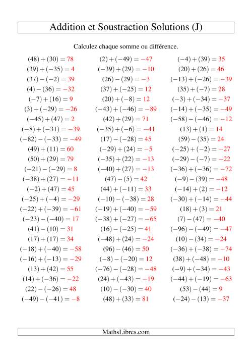 Addition et soustraction de nombres entiers avec parenthèses autour de chaque entier (-50 à 50) (75 par page) (J) page 2